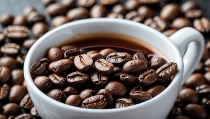 Fototapeta premium Coffee cup filled with black coffee and whole coffee beans on a dark surface