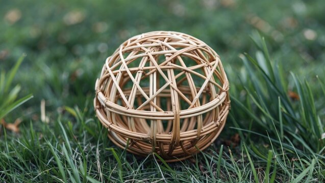Woven wicker ball resting on grass in a natural outdoor setting with blurred background and soft focus effect - Powered by Adobe