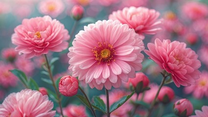 Beautiful pink dahlias blooming in a vibrant garden setting with soft bokeh background and lush green foliage.