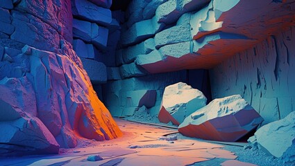 Colorful abstract rocky cave interior with geometric rock formations and illuminated textures in...