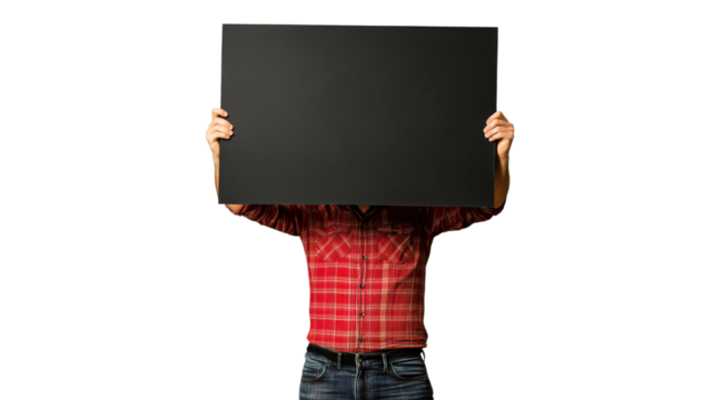 Person holding large blank sign indoors