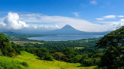 Fototapeta premium Panoramic View of Verdant Hills and Serene Lake Under a Bright Blue Sky