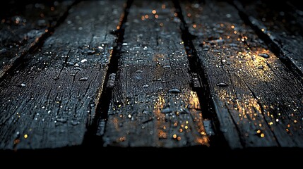 Fototapeta premium Wet Black Wood Planks with Water Droplets and Golden Light