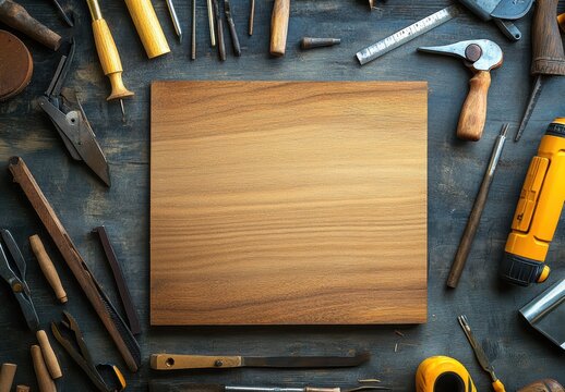 Crafting tools arrangement on wooden surface workshop photography indoor top-down view artisan concept