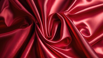 Obraz premium Red satin fabric texture close-up with luxurious sheen and intricate folds detailed in a smooth flowing wave pattern.