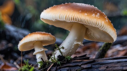 Mushrooms growing on a decaying log in a forest during rain with water droplets on caps and green moss on bark