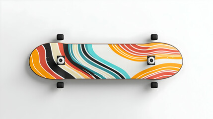 Overhead View of a Colorful Skateboard on a White Backdrop with Abstract Swirl Pattern