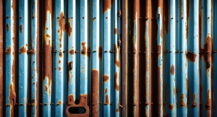 Obraz premium Rusty blue metal surface with peeling paint and corrosion visible on corrugated structure. Texture and patterns of weathered steel.