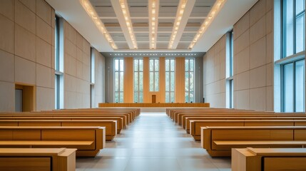Obraz premium A legislative hall with minimalist design and wooden accents. Featuring structure and clarity