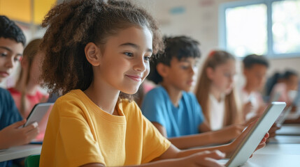Personalized Learning Concept, Diverse students engaged in learning with tablets in classroom setting