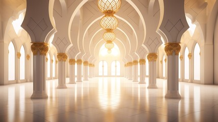 Fototapeta premium Serene sunlight streams through a majestic mosque's arched hallways, illuminating rows of elegant white columns adorned with golden capitals, creating a breathtakingly peaceful atmosphere.