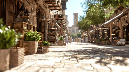 Sunny Arabian souk street scene, people shopping, traditional architecture,  background buildings. Ideal for travel brochures or historical documentaries