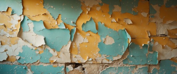 Peeling plaster wall with abstract grunge patterns in turquoise and yellow tones, ideal for artistic backgrounds and vintage designs.
