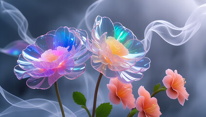 A vibrant image of Spectral Begonia flowers with delicate, translucent petals in pastel hues against a smoky background. Created with generative AI.