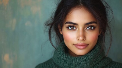 Naklejka premium indian woman in green sweater close up portrait with confident expression natural beauty and stylish fashion elegant face with thoughtful gaze and relaxed posture in warm and soft lighting
