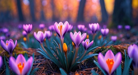 Vibrant purple crocus flowers blooming in a forest clearing during autumn with soft natural lighting and colorful foliage in background