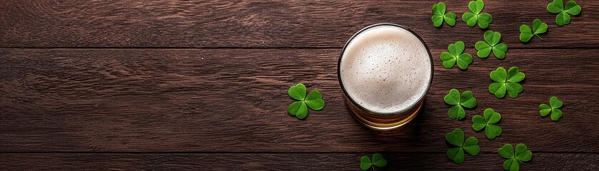 A top-down view of a glass of beer surrounded by green clovers on a wooden surface, evoking a festive, celebratory atmosphere.