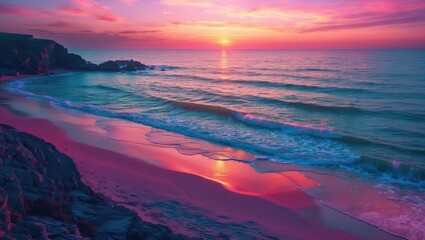 colorful sunset over ocean waves with sandy beach and rocky shoreline reflecting warm hues of orange pink and purple