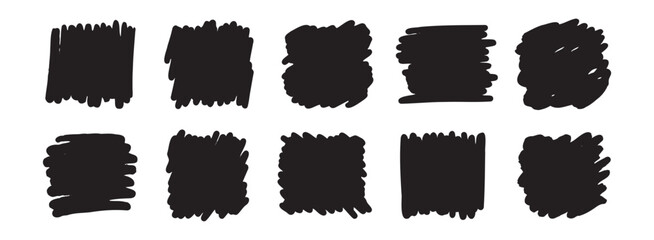 Abstract hand drawn scribble set art. Vector grunge brush square. Sketch graphic design isolated on white background.