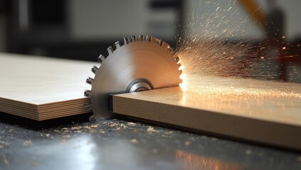 Wood cutting action workshop industrial process indoor environment close-up view precision techniques