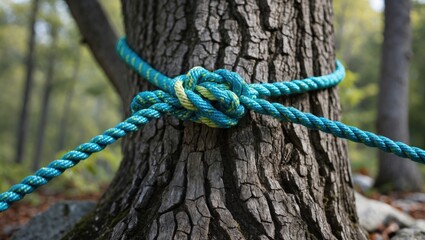 Rope tied in a knot around a tree trunk in a forested setting with blurred background trees and ground foliage.