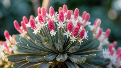 Closeup of an adenium plant showcasing vibrant pink and white flowers against a blurred green background highlighting its natural beauty.