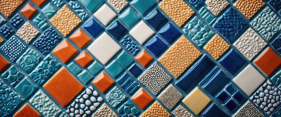 Colorful ceramic mosaic tile pattern ideal for swimming pool or kitchen decor. Perfect for modern interior design projects and backgrounds.