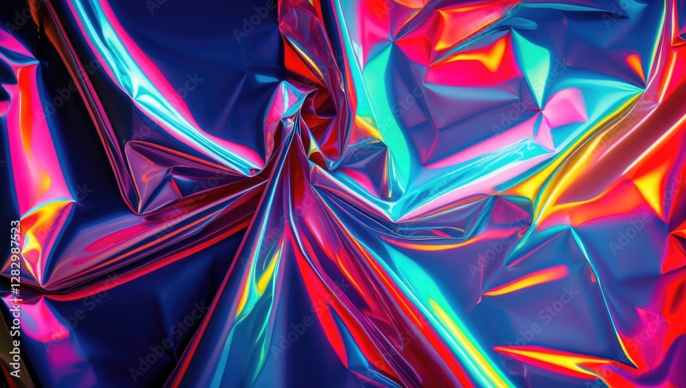 Poster vibrant abstract background featuring crumpled metallic foil in striking neon colors creating a dyna