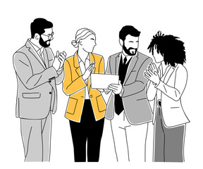 Professional business team clapping hands, cheering during deal or meeting. Diverse group men and women motivated by a plan, goal, strategy. Modern vector outline drawing Isolated