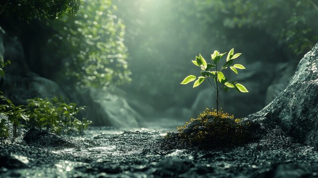 Lush green sapling emerging from rocky ground in a misty forest, bathed in soft natural light