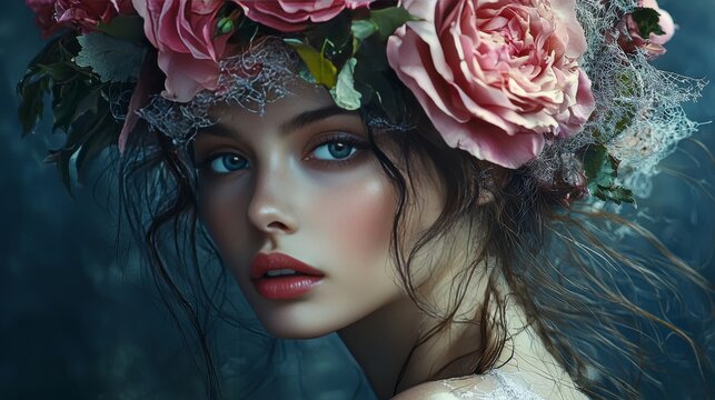 Ethereal portrait of a beautiful young woman with a cascading floral crown surrounded by soft natural light