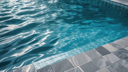 Obraz premium Rippling water surface in a swimming pool reflecting sunlight with stone flooring along the edge creating a serene aquatic atmosphere.