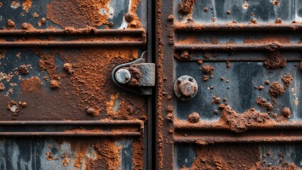 Rusty metal door with corrosion and peeling paint illustrating weathering and decay on industrial surface
