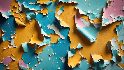 Fototapeta premium Peeling paint texture with blue, yellow, and pink layers revealing a distressed and weathered surface on a wall