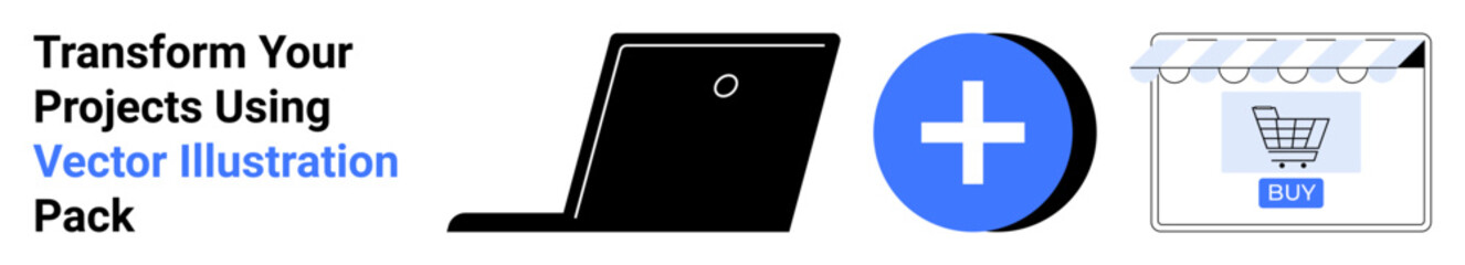 Laptop, add sign, and store icon with shopping cart emphasize online retail. Ideal for technology, e-commerce, business solutions, innovation, marketing, web design flat landing page banner