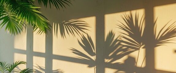 Tropical palm leaves casting elegant shadows on a neutral beige wall creating a serene minimalist ambiance with natural light.