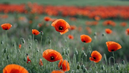 Fototapeta premium Vibrant field of orange poppy flowers in bloom with green buds under clear sky, capturing natural beauty and flora diversity.