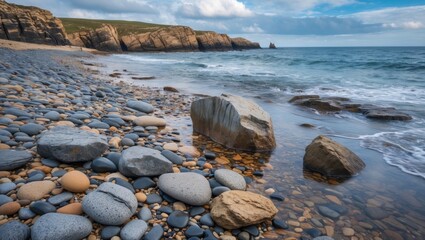 Rocky beach landscape featuring smooth stones and waves under a cloudy sky with distant cliffs in the background.