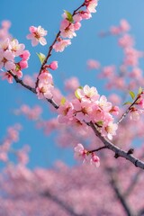Delicate pink sakura blossoms on branches against a serene pastel blue sky, featuring a soft focus for a tranquil springtime ambiance.