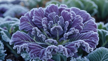 Frost covered purple ornamental cabbage growing in a garden with greenery in the background during winter season