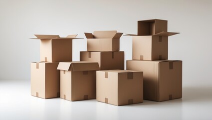 Fototapeta premium assorted empty cardboard boxes stacked on a neutral background for packaging and storage purposes