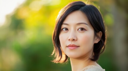 A serene portrait of a young woman with short hair, exuding confidence and calmness against a softly blurred nature background.