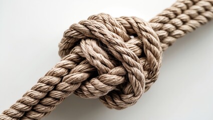 Close-up of a complex knot tied in thick natural fiber rope on a neutral background