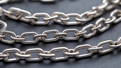 Fototapeta premium Closeup view of intertwined silver metal chains showcasing intricate links on a dark surface with a focus on texture and detail.