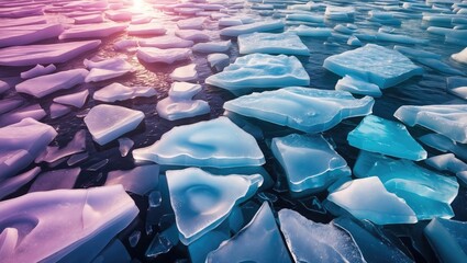 Icebergs floating on water in a vibrant landscape showcasing fractured ice surfaces under beautiful lighting conditions