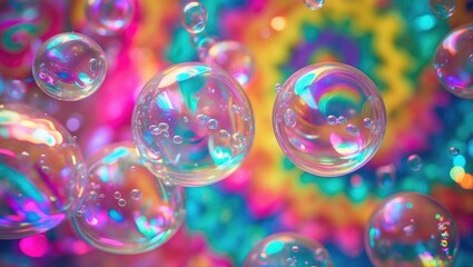 Colorful soap bubbles against a vibrant abstract background highlighting iridescence and playful reflections in a dreamy atmosphere