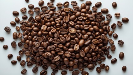 Naklejka premium Roasted coffee beans spread out on a light surface viewed from above for food and beverage backgrounds