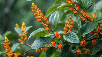 Close-up of vibrant Mexican honeysuckle plant featuring lush green leaves and striking orange flower buds against a blurred natural background.