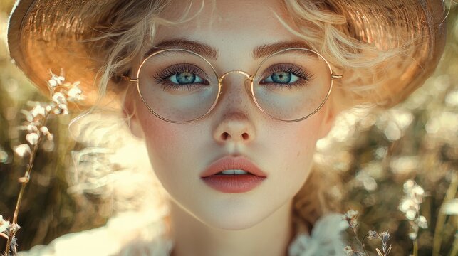 Beautiful young woman with freckles and fashionable glasses enjoying a sunny day in nature field of flowers