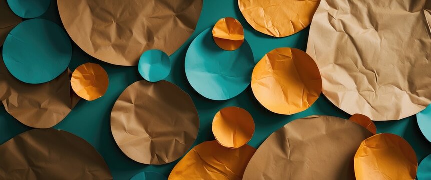 Colorful abstract composition of crumpled paper circles in brown and teal tones on a contrasting background for creative design projects.